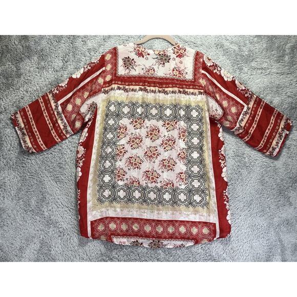 Johnny Was Top Womens Medium 100% Silk Red White Floral Top Buttons Peasant Boho - Picture 2 of 8